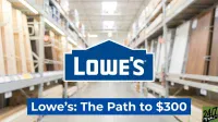A blurred photograph of a Lowe's home improvement store aisle with shelves of lumber and other products. Overlaid in the center is the blue Lowe's logo with a house icon and 'LOWE'S' in white text. Below that, a blue banner reads 'Lowe's: The Path to $300' in white text. A '24/7 WALL ST' logo is in the bottom right corner.