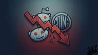 A dark, moody graphic featuring two Reddit Snoo mascots, one smiling and one cracked and frowning. A jagged, broken red arrow points sharply downwards, intersecting the mascots and a circular, distressed 'COIN' logo to the right. The overall impression is one of decline and broken sentiment.