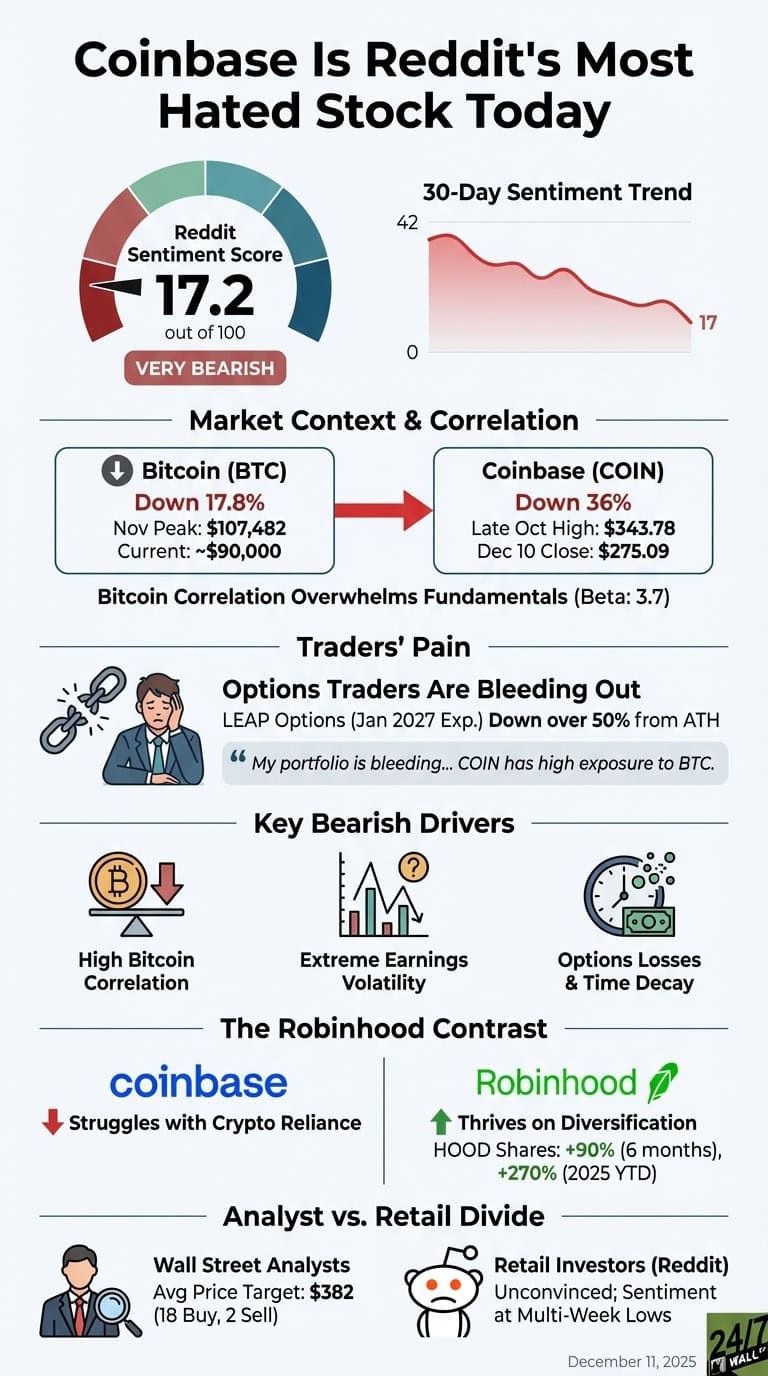 An infographic titled 'Coinbase Is Reddit's Most Hated Stock Today' detailing the stock's performance and sentiment. It features a gauge showing a Reddit Sentiment Score of 17.2 out of 100, labeled 'VERY BEARISH', and a 30-day sentiment trend graph declining from 42 to 17. Sections cover market context with Bitcoin (down 17.8%) impacting Coinbase (COIN, down 36%), 'Traders' Pain' discussing options losses over 50%, and 'Key Bearish Drivers' including high Bitcoin correlation, extreme earnings volatility, and options time decay. A 'Robinhood Contrast' section compares Coinbase's crypto reliance struggles with Robinhood's diversification success (HOOD up +90% 6 months, +270% 2025 YTD). The 'Analyst vs. Retail Divide' shows Wall Street analysts with an average price target of $382 (18 Buy, 2 Sell) versus retail investors (Reddit) who are unconvinced with sentiment at multi-week lows. The infographic is dated December 11, 2025.
