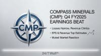 A financial graphic for Compass Minerals (CMP) featuring its compass rose logo. Text on the right states 'Q4 FY2025 EARNINGS BEAT' and highlights 'Losses Narrow, Revenue Climbs' and 'EPS & Revenue Top Estimates' with an upward trending graph.