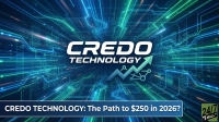 A digital graphic featuring 'CREDO TECHNOLOGY' in large white letters, with 'TECHNOLOGY' below 'CREDO'. To the right, an upward-pointing green arrow graph with connected network nodes symbolizes growth. The background is composed of glowing blue and green circuit board lines, suggesting data and connectivity. A dark blue banner at the bottom contains the text 'CREDO TECHNOLOGY: The Path to $250 in 2026?'. The '24/7 WALL ST' logo is in the bottom right corner.