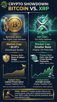 An infographic titled 'CRYPTO SHOWDOWN: BITCOIN VS. XRP.' The left side, representing Bitcoin, shows a safe with a BTC coin inside, stating a market cap of '~1.8T+' (Dominant Scale) and a primary role as 'Store of Value / Hedge' (Institutional Adoption). A golden chart with an upward trend and a bull icon above represents an 'Analyst View: Capital Preservation' (Lower Volatility Pick). The right side, representing XRP, shows a globe with the XRP logo, stating a market cap of 'Smaller Base' (Higher 10x Potential) and a primary role for 'Fast, Low-Cost Cross-Border Payments' (Battle-Tested Utility). A green chart with an upward fluctuating trend and a gavel icon above represents an 'Analyst View: Outright Growth' (Higher Volatility Pick). At the bottom, a 'FINAL VERDICT' framed in gold states: 'Analyst prefers Bitcoin for conservative, long-term capital preservation over XRP's utility-driven growth potential. Both have distinct roles.'