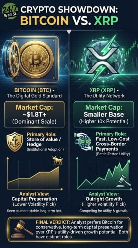 An infographic titled 'CRYPTO SHOWDOWN: BITCOIN VS. XRP.' The left side, representing Bitcoin, shows a safe with a BTC coin inside, stating a market cap of '~1.8T+' (Dominant Scale) and a primary role as 'Store of Value / Hedge' (Institutional Adoption). A golden chart with an upward trend and a bull icon above represents an 'Analyst View: Capital Preservation' (Lower Volatility Pick). The right side, representing XRP, shows a globe with the XRP logo, stating a market cap of 'Smaller Base' (Higher 10x Potential) and a primary role for 'Fast, Low-Cost Cross-Border Payments' (Battle-Tested Utility). A green chart with an upward fluctuating trend and a gavel icon above represents an 'Analyst View: Outright Growth' (Higher Volatility Pick). At the bottom, a 'FINAL VERDICT' framed in gold states: 'Analyst prefers Bitcoin for conservative, long-term capital preservation over XRP's utility-driven growth potential. Both have distinct roles.'