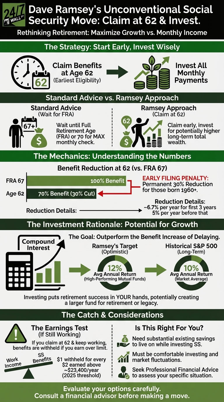 An infographic titled 'Dave Ramsey's Unconventional Social Security Move: Claim at 62 & Invest.' It illustrates the strategy of claiming Social Security benefits at age 62 and investing them, showing the benefit reduction details, comparing potential investment returns (Ramsey's 12% vs. S&P 500's 10%), and outlining key considerations like the earnings test and personal suitability.