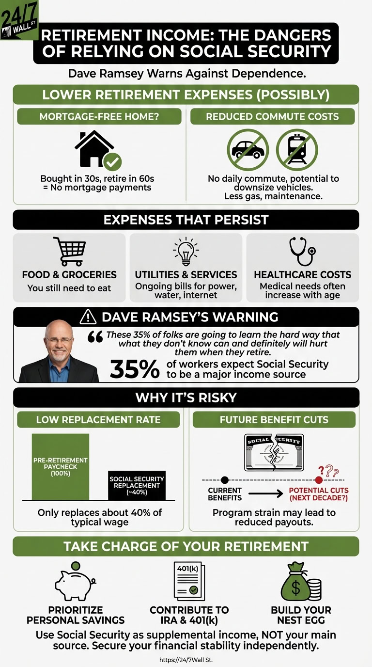 An infographic titled 'Retirement Income: The Dangers of Relying on Social Security' presents Dave Ramsey's warning against dependence. It outlines lower potential retirement expenses like a paid-off home and reduced commute, contrasts them with persistent costs such as food and healthcare, and illustrates why Social Security is risky due to low wage replacement rates and potential future benefit cuts. The graphic concludes by advising individuals to prioritize personal savings and contribute to IRA/401(k) to build their own nest egg.