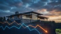 A modern luxury house with extensive windows and a flat roof sits on a hillside, illuminated by a dramatic, cloudy sunset sky. A deep crack visibly runs down the stone foundation of the house. Superimposed in the foreground are glowing zigzagging financial graph lines, one blue and one orange, with the orange line showing a sharp downward trend. The '24/7 Wall St.' logo is in the bottom right corner.