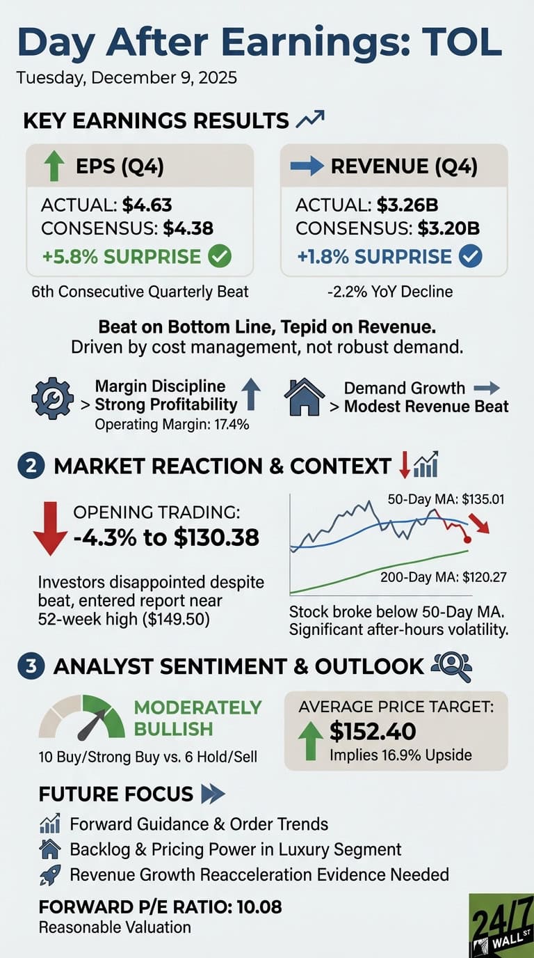 An infographic titled 'Day After Earnings: TOL' dated Tuesday, December 9, 2025. It is divided into three main sections. Section 1, 'Key Earnings Results,' presents Q4 EPS actual at $4.63 (consensus $4.38, a +5.8% surprise) and Q4 Revenue actual at $3.26 billion (consensus $3.20 billion, a +1.8% surprise, but a -2.2% YoY decline). It summarizes the performance as 'Beat on Bottom Line, Tepid on Revenue' driven by cost management, with an operating margin of 17.4%. Section 2, 'Market Reaction & Context,' shows opening trading down -4.3% to $130.38, indicating investor disappointment despite the beat. A line chart illustrates the stock breaking below its 50-Day MA ($135.01), with the 200-Day MA at $120.27. Section 3, 'Analyst Sentiment & Outlook,' displays a 'Moderately Bullish' sentiment gauge (10 Buy/Strong Buy vs. 6 Hold/Sell) and an average price target of $152.40, implying 16.9% upside. It also lists 'Future Focus' areas and a Forward P/E Ratio of 10.08, indicating 'Reasonable Valuation'.