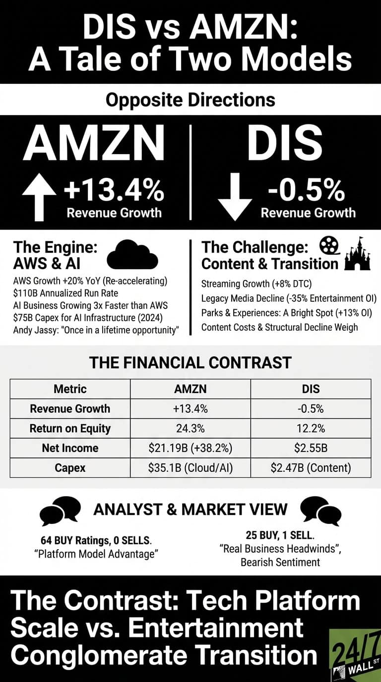 An infographic titled 'DIS vs AMZN: A Tale of Two Models' displays a financial comparison of Amazon and Disney. It shows Amazon with +13.4% revenue growth (up arrow) and Disney with -0.5% revenue growth (down arrow). Detailed sections describe Amazon's 'Engine: AWS & AI' and Disney's 'Challenge: Content & Transition'. A table, 'The Financial Contrast', provides metrics: Revenue Growth (+13.4% AMZN, -0.5% DIS), Return on Equity (24.3% AMZN, 12.2% DIS), Net Income ($21.19B AMZN, $2.55B DIS), and Capex ($35.1B AMZN, $2.47B DIS). An 'Analyst & Market View' section shows 64 BUY ratings for AMZN versus 25 BUY, 1 SELL for DIS. The infographic concludes with 'The Contrast: Tech Platform Scale vs. Entertainment Conglomerate Transition'.