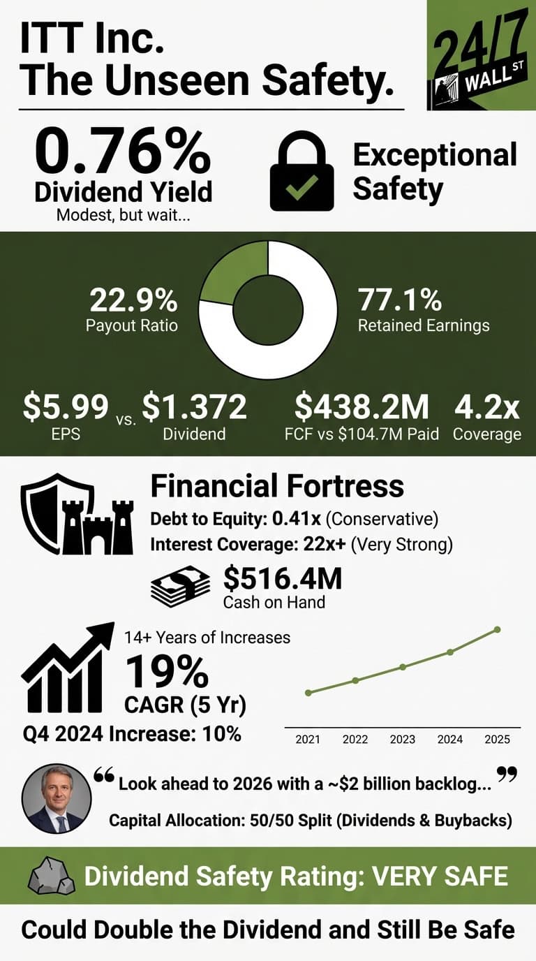 An infographic titled 'ITT Inc. The Unseen Safety.' on a light gray and dark green background. The top section shows '0.76% Dividend Yield' and 'Exceptional Safety' with a lock icon. A donut chart illustrates a '22.9% Payout Ratio' and '77.1% Retained Earnings.' Below this, financial figures include '$5.99 EPS,' '$1.372 Dividend,' '$438.2M FCF vs $104.7M Paid,' and '4.2x Coverage.' A section titled 'Financial Fortress' features a shield and castle icon, detailing 'Debt to Equity: 0.41x (Conservative),' 'Interest Coverage: 22x+ (Very Strong),' and '$516.4M Cash on Hand' with a stack of money icon. A dividend growth section shows an upward-trending bar chart icon and text indicating '14+ Years of Increases,' '19% CAGR (5 Yr),' and 'Q4 2024 Increase: 10%,' accompanied by a green line graph showing dividend growth from 2021 to 2025. A quote from a man's portrait states a '~$2 billion backlog' by 2026 and a '50/50 Split (Dividends &amp; Buybacks)' capital allocation. The bottom section, with a rock icon, declares 'Dividend Safety Rating: VERY SAFE' and the statement 'Could Double the Dividend and Still Be Safe.' The 24/7 Wall St. logo is in the top right.