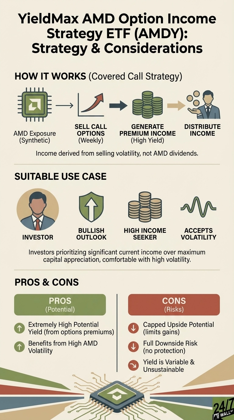 An infographic titled 'YieldMax AMD Option Income Strategy ETF (AMDY): Strategy & Considerations'. It is divided into three main sections. The 'HOW IT WORKS (Covered Call Strategy)' section uses an arrow diagram to show: AMD Exposure (Synthetic) -> Sell Call Options (Weekly) -> Generate Premium Income (High Yield) -> Distribute Income. Below this, a note states: 'Income derived from selling volatility, not AMD dividends.' The 'SUITABLE USE CASE' section shows icons and text for Investor, Bullish Outlook, High Income Seeker, and Accepts Volatility, with a description: 'Investors prioritizing significant current income over maximum capital appreciation, comfortable with high volatility.' The 'PROS & CONS' section is a two-column list. Pros (Potential) are: Extremely High Potential Yield (from options premiums) and Benefits from High AMD Volatility. Cons (Risks) are: Capped Upside Potential (limits gains), Full Downside Risk (no protection), and Yield is Variable & Unsustainable. The background features a stylized circuit board design.