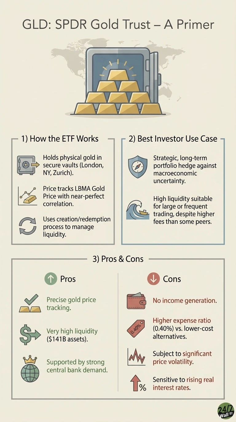 An infographic titled 'GLD: SPDR Gold Trust – A Primer' with a central image of gold bars in a safe over a world map. The infographic is divided into three sections. Section 1, 'How the ETF Works,' states: 'Holds physical gold in secure vaults (London, NY, Zurich),' 'Price tracks LBMA Gold Price with near-perfect correlation,' and 'Uses creation/redemption process to manage liquidity.' Section 2, 'Best Investor Use Case,' lists: 'Strategic, long-term portfolio hedge against macroeconomic uncertainty,' and 'High liquidity suitable for large or frequent trading, despite higher fees than some peers.' Section 3, 'Pros & Cons,' is split. Pros include: 'Precise gold price tracking,' 'Very high liquidity ($141B assets),' and 'Supported by strong central bank demand.' Cons include: 'No income generation,' 'Higher expense ratio (0.40%) vs. lower-cost alternatives,' 'Subject to significant price volatility,' and 'Sensitive to rising real interest rates.'