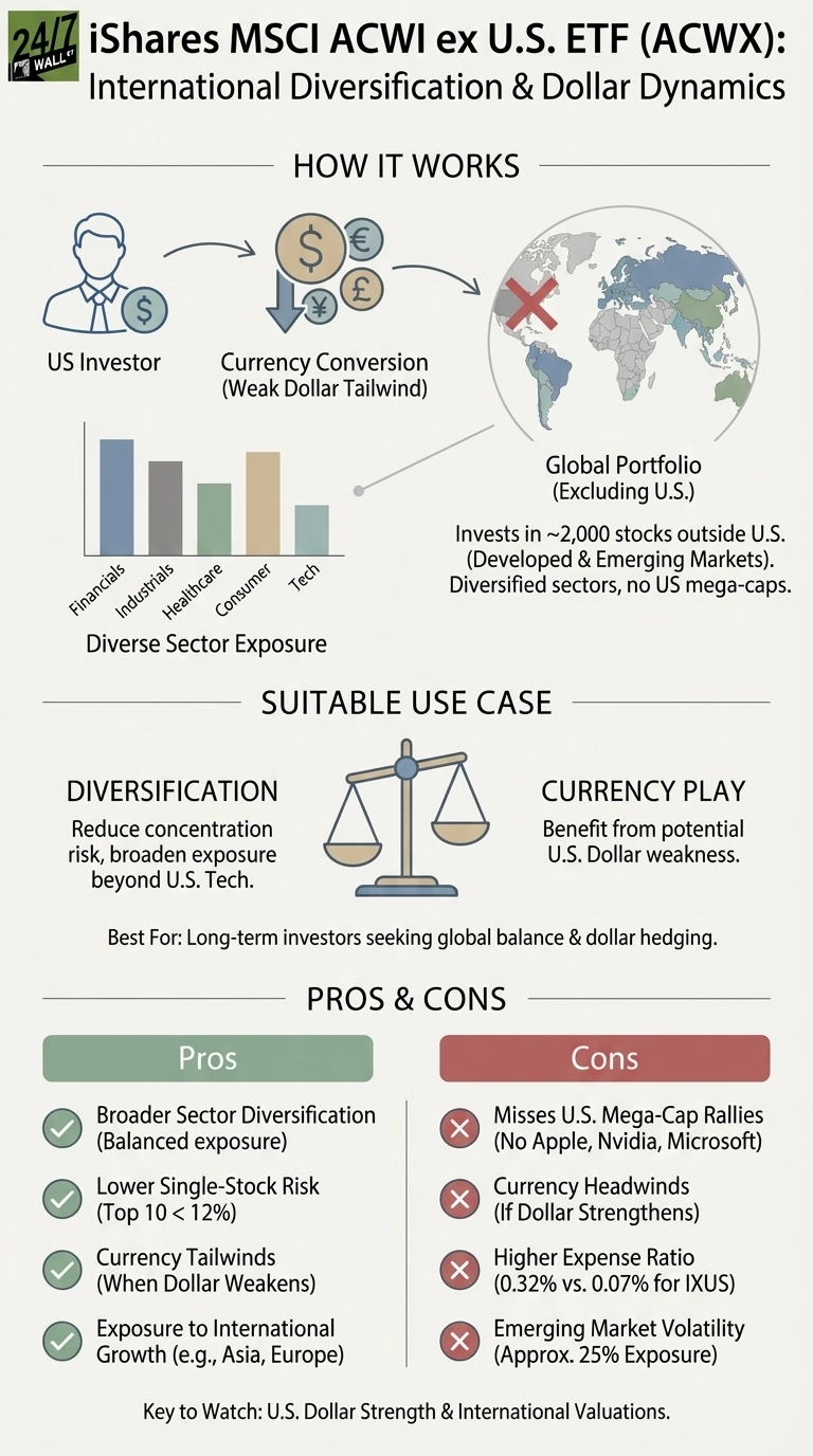An infographic titled 'iShares MSCI ACWI ex U.S. ETF (ACWX): International Diversification & Dollar Dynamics'. The infographic is divided into three main sections: 'How It Works', 'Suitable Use Case', and 'Pros & Cons'. The 'How It Works' section shows an icon of a US investor sending money for currency conversion (represented by dollar, euro, yen, pound symbols with a downward arrow indicating a weak dollar tailwind) to a global portfolio excluding the U.S. (world map with a red 'X' over the US). Text states it 'Invests in ~2,000 stocks outside U.S. (Developed & Emerging Markets). Diversified sectors, no US mega-caps.' Below this is a bar chart showing 'Diverse Sector Exposure' with bars labeled Financials, Industrials, Healthcare, Consumer, and Tech. The 'Suitable Use Case' section highlights 'Diversification' (reduce concentration risk, broaden exposure beyond U.S. Tech) and 'Currency Play' (benefit from potential U.S. Dollar weakness), with a balanced scale icon in the center. Text below reads 'Best For: Long-term investors seeking global balance & dollar hedging.' The 'Pros & Cons' section is presented in two columns. The 'Pros' column, with green checkmarks, lists: 'Broader Sector Diversification (Balanced exposure)', 'Lower Single-Stock Risk (Top 10 < 12%)', 'Currency Tailwinds (When Dollar Weakens)', and 'Exposure to International Growth (e.g., Asia, Europe)'. The 'Cons' column, with red 'X' marks, lists: 'Misses U.S. Mega-Cap Rallies (No Apple, Nvidia, Microsoft)', 'Currency Headwinds (If Dollar Strengthens)', 'Higher Expense Ratio (0.32% vs. 0.07% for IXUS)', and 'Emerging Market Volatility (Approx. 25% Exposure)'. At the bottom, 'Key to Watch:' states 'U.S. Dollar Strength & International Valuations'.