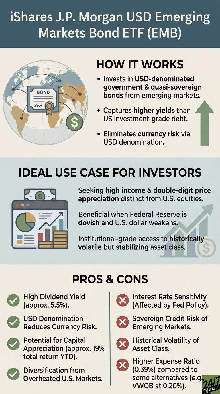 An infographic about the iShares J.P. Morgan USD Emerging Markets Bond ETF (EMB). It's divided into sections: 'How It Works' describes investing in USD-denominated emerging market bonds for higher yields and no currency risk, accompanied by a globe graphic with a bond certificate. 'Ideal Use Case For Investors' lists scenarios like seeking high income and benefiting from a dovish Fed, with a graphic of a computer displaying charts. The 'Pros & Cons' section lists four pros with green checkmarks (high dividend yield ~5.5%, USD denomination reduces currency risk, potential for capital appreciation ~19% total return YTD, diversification from U.S. markets) and four cons with red 'X' marks (interest rate sensitivity, sovereign credit risk, historical volatility, higher expense ratio 0.39% vs. VWOB 0.20%).