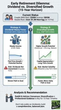 An infographic titled 'Early Retirement Dilemma: Dividend vs. Diversified Growth (15-Year Horizon)'. It outlines a 'Current Status' for a couple in their Mid-30s with $500K income and $850K assets, targeting a $5.3M nest egg in 15 years. Two columns present strategies: 'Strategy A: Dividend-Heavy Focus' (blue) describes steady income (2-6% yield), flat price growth, and the risk of dividend cuts, depicting a 'Slower Path to Goal'. 'Strategy B: Diversified Growth' (green) highlights higher growth potential (~10% avg. return), capital appreciation, and the risk of market volatility, showing a 'Faster, More Likely Path to Goal'. Both strategies display progress bars towards the $5.3M goal. The 'Analysis & Recommendation' section at the bottom states that diversification plus professional guidance is key for a 15-year timeline, and advises against relying solely on dividends.