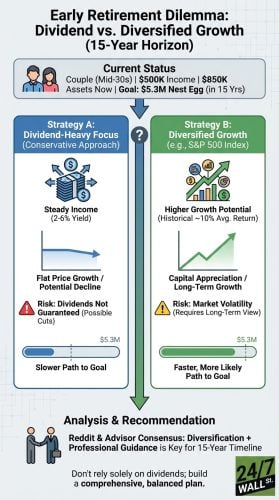 An infographic titled 'Early Retirement Dilemma: Dividend vs. Diversified Growth (15-Year Horizon)'. It outlines a 'Current Status' for a couple in their Mid-30s with $500K income and $850K assets, targeting a $5.3M nest egg in 15 years. Two columns present strategies: 'Strategy A: Dividend-Heavy Focus' (blue) describes steady income (2-6% yield), flat price growth, and the risk of dividend cuts, depicting a 'Slower Path to Goal'. 'Strategy B: Diversified Growth' (green) highlights higher growth potential (~10% avg. return), capital appreciation, and the risk of market volatility, showing a 'Faster, More Likely Path to Goal'. Both strategies display progress bars towards the $5.3M goal. The 'Analysis & Recommendation' section at the bottom states that diversification plus professional guidance is key for a 15-year timeline, and advises against relying solely on dividends.