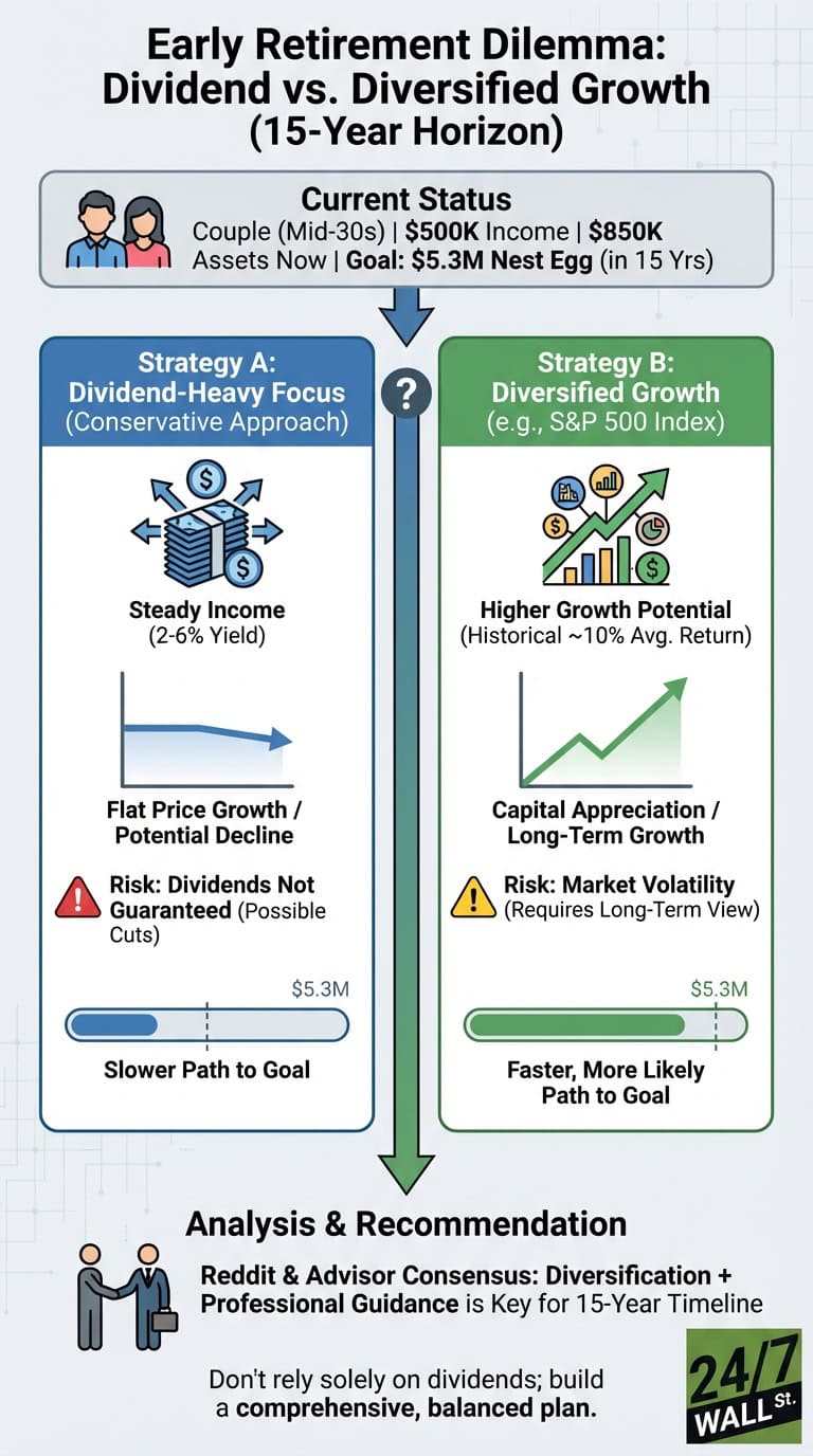 An infographic titled 'Early Retirement Dilemma' displays two investment strategies: 'Dividend-Heavy Focus' (Strategy A) and 'Diversified Growth' (Strategy B, e.g., S&P 500 Index), outlining their features, risks, and potential paths to a $5.3 million goal. It concludes with a recommendation for diversification and professional guidance.