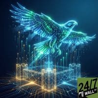A striking digital illustration features a large, glowing blue and green wireframe eagle in flight, positioned centrally. Below it, a fortress-like structure, outlined in glowing blue and yellow lines, sits on a network of circuits. Numerous luminous arrows, representing data streams, shoot upwards from the fortress towards the eagle. The dark background has faint digital patterns, including a dotted world map and binary code. The overall mood is futuristic and dynamic, conveying concepts of security and growth. The '24/7 WALL ST' logo is in the bottom right corner.