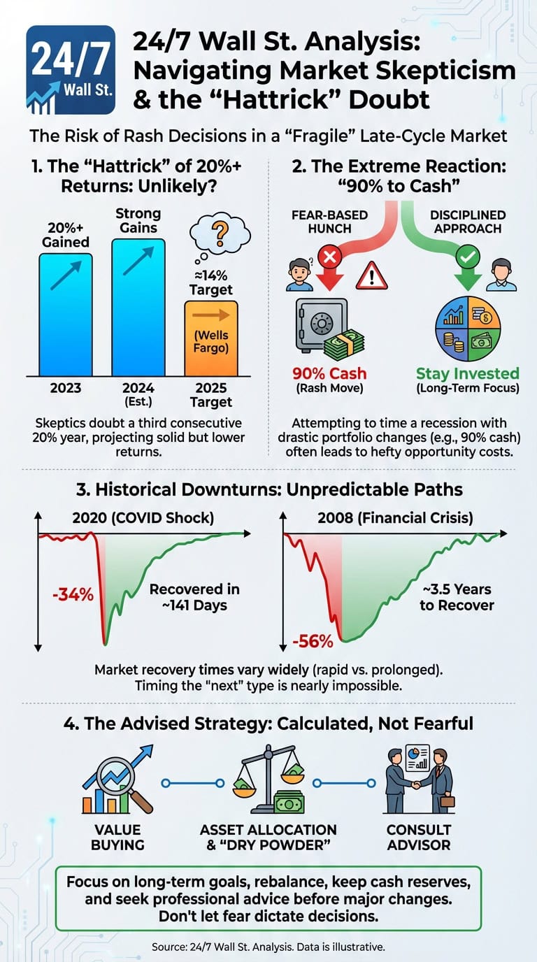 An infographic titled '24/7 Wall St. Analysis: Navigating Market Skepticism & the 'Hattrick' Doubt.' It features charts on predicted S&P 500 returns, contrasts fear-based investing (90% cash) with disciplined long-term investing, illustrates recovery times for the 2008 and 2020 market downturns, and recommends a strategy of value buying, asset allocation with 'dry powder,' and consulting an advisor.