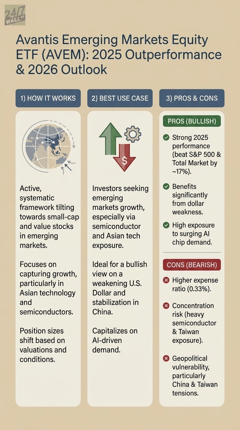 An infographic titled 'Avantis Emerging Markets Equity ETF (AVEM): 2025 Outperformance & 2026 Outlook'. It is structured into three vertical columns with dark blue headers: '1) HOW IT WORKS', '2) BEST USE CASE', and '3) PROS & CONS'.

Under 'HOW IT WORKS', there's an icon of a globe with arrows around it. The text describes an active, systematic framework tilting towards small-cap and value stocks in emerging markets, focusing on Asian technology and semiconductors, with position sizes shifting based on valuations.

Under 'BEST USE CASE', an icon shows a green arrow pointing up, a red arrow pointing down with a dollar sign, and a gear. The text states it's for investors seeking emerging markets growth, especially via semiconductor and Asian tech exposure, ideal for a bullish view on a weakening U.S. Dollar and stabilization in China, and capitalizes on AI-driven demand.

Under 'PROS & CONS', the column is split. The top section, 'PROS (BULLISH)' in a green box, lists items with green checkmarks: strong 2025 performance (beat S&P 500 & Total Market by ~17%), benefits significantly from dollar weakness, and high exposure to surging AI chip demand.

The bottom section, 'CONS (BEARISH)' in a red box, lists items with red 'X' marks: higher expense ratio (0.33%), concentration risk (heavy semiconductor & Taiwan exposure), and geopolitical vulnerability, particularly China & Taiwan tensions.