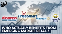 A graphic featuring the logos of Costco Wholesale, PriceSmart, Walmart, and Mercado Libre arranged in the foreground. Behind them is a translucent world map with a prominent upward-trending arrow, symbolizing growth. The title 'WHO ACTUALLY BENEFITS FROM EMERGING MARKET RETAIL?' is displayed at the bottom of the image, and a '24/7 WALL ST' logo is in the top left corner.