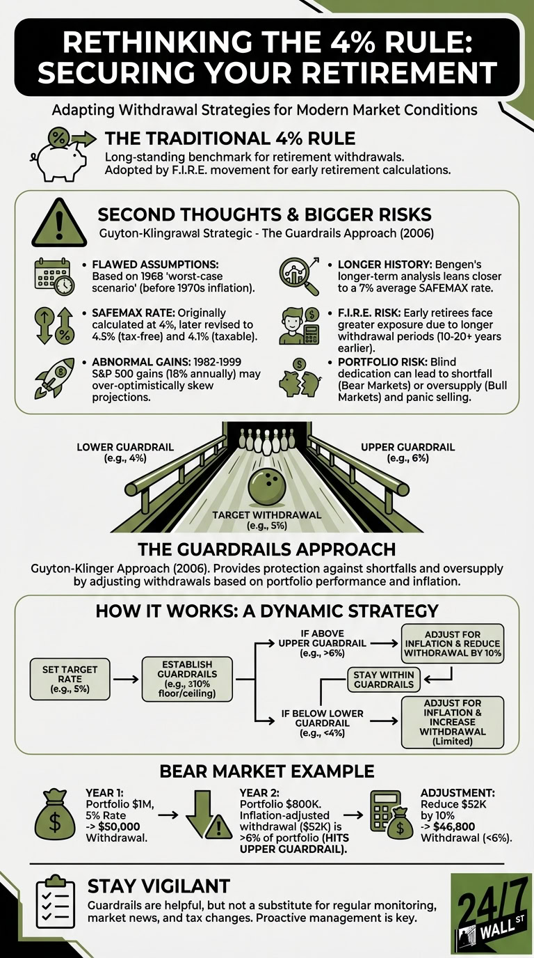 An infographic titled 'Rethinking the 4% Rule' explains the Guyton-Klinger Guardrails Approach for retirement withdrawals. It contrasts the traditional 4% rule with a dynamic strategy that adjusts withdrawals based on portfolio performance and market conditions, using a bowling alley metaphor for guardrails and a flowchart to illustrate the adjustment process.