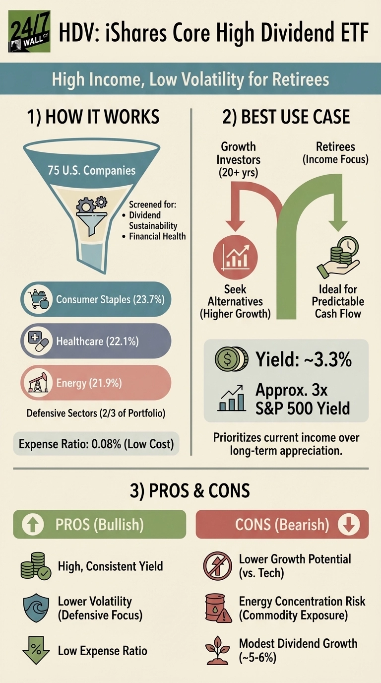 An infographic titled 'HDV: iShares Core High Dividend ETF' with a subtitle 'High Income, Low Volatility for Retirees'. Section 1, 'How It Works', shows a funnel graphic indicating 75 U.S. Companies screened for Dividend, Sustainability, and Financial Health. Below are three rounded rectangles showing sector allocations: Consumer Staples (23.7%), Healthcare (22.1%), and Energy (21.9%), noted as 'Defensive Sectors (2/3 of Portfolio)'. An expense ratio of 0.08% (Low Cost) is also listed. Section 2, 'Best Use Case', depicts two paths: Growth Investors (20+ yrs) are advised to 'Seek Alternatives (Higher Growth)', while Retirees (Income Focus) find HDV 'Ideal for Predictable Cash Flow'. Key metrics are 'Yield: ~3.3%' and 'Approx. 3x S&P 500 Yield', prioritizing current income over long-term appreciation. Section 3, 'Pros & Cons', is divided into 'PROS (Bullish)' and 'CONS (Bearish)'. Pros include: High, Consistent Yield; Lower Volatility (Defensive Focus); Low Expense Ratio. Cons include: Lower Growth Potential (vs. Tech); Energy Concentration Risk (Commodity Exposure); Modest Dividend Growth (~5-6%).