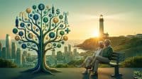 An illustrative image features a vibrant, stylized money tree on the left, its branches laden with various currency symbols (USD, GBP, JPY, EUR, INR), cryptocurrency icons (Bitcoin, Ethereum, Litecoin), and corporate logos like McDonald's and Coca-Cola, set against a cityscape and ocean. On the right, an elderly couple sits peacefully on a bench, gazing at a striking sunset over the water, with a prominent lighthouse beaconing in the distance. The scene evokes a sense of financial stability and peaceful retirement.