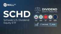 A financial graphic for 24/7 Wall St. on a dark blue background with abstract data patterns. The left side features large white text 'SCHD' and 'Schwab U.S. Dividend Equity ETF'. The right side shows 'DIVIDEND SAFETY ANALYSIS' with a balance scale icon above. Below are five circular company logos with their tickers: Chevron (CVX), a green cross logo (MRK), Coca-Cola (KO), a global grid logo (PEP), and AbbVie (ABBV), each marked with a green or orange dot. At the bottom right, a rising bar chart icon represents 'INCOME' with a checkmark, next to a magnifying glass icon for 'RISK'.