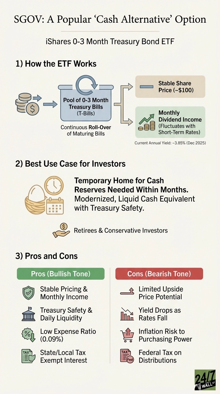 An infographic titled 'SGOV: A Popular ‘Cash Alternative’ Option' detailing the iShares 0-3 Month Treasury Bond ETF. It is divided into three sections: 1) How the ETF Works, showing money flowing into a pool of 0-3 Month Treasury Bills with continuous roll-over, leading to a stable share price (~$100) and monthly dividend income (current annual yield: ~3.85% Dec 2025). 2) Best Use Case for Investors, describing it as a temporary home for cash reserves, a liquid cash equivalent with Treasury safety, ideal for retirees and conservative investors. 3) Pros and Cons, listed in two columns. Pros include stable pricing, monthly income, Treasury safety, daily liquidity, low expense ratio (0.09%), and state/local tax-exempt interest. Cons include limited upside price potential, yield drops as rates fall, inflation risk, and federal tax on distributions.