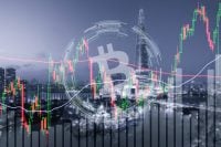 An overlay image depicting financial market charts against a blurred, grayscale cityscape at dusk, featuring a tall skyscraper. A large, translucent white Bitcoin logo is centered, surrounded by a circular, futuristic data interface graphic. The charts include green and red candlesticks, a red trend line, a white trend line, and gray bar charts at the bottom, illustrating market activity.