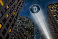 A dramatic low-angle view of several modern skyscrapers at night, with many windows emitting a warm yellow light. In the dark blue sky above, a glowing white Bitcoin symbol radiates a powerful, broad beam of white light downwards, illuminating the urban scene.