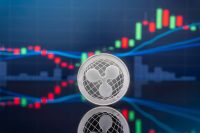 Ripple (XRP) and cryptocurrency investing concept - Physical metal Ripple coins with global trading exchange market price chart in the background.