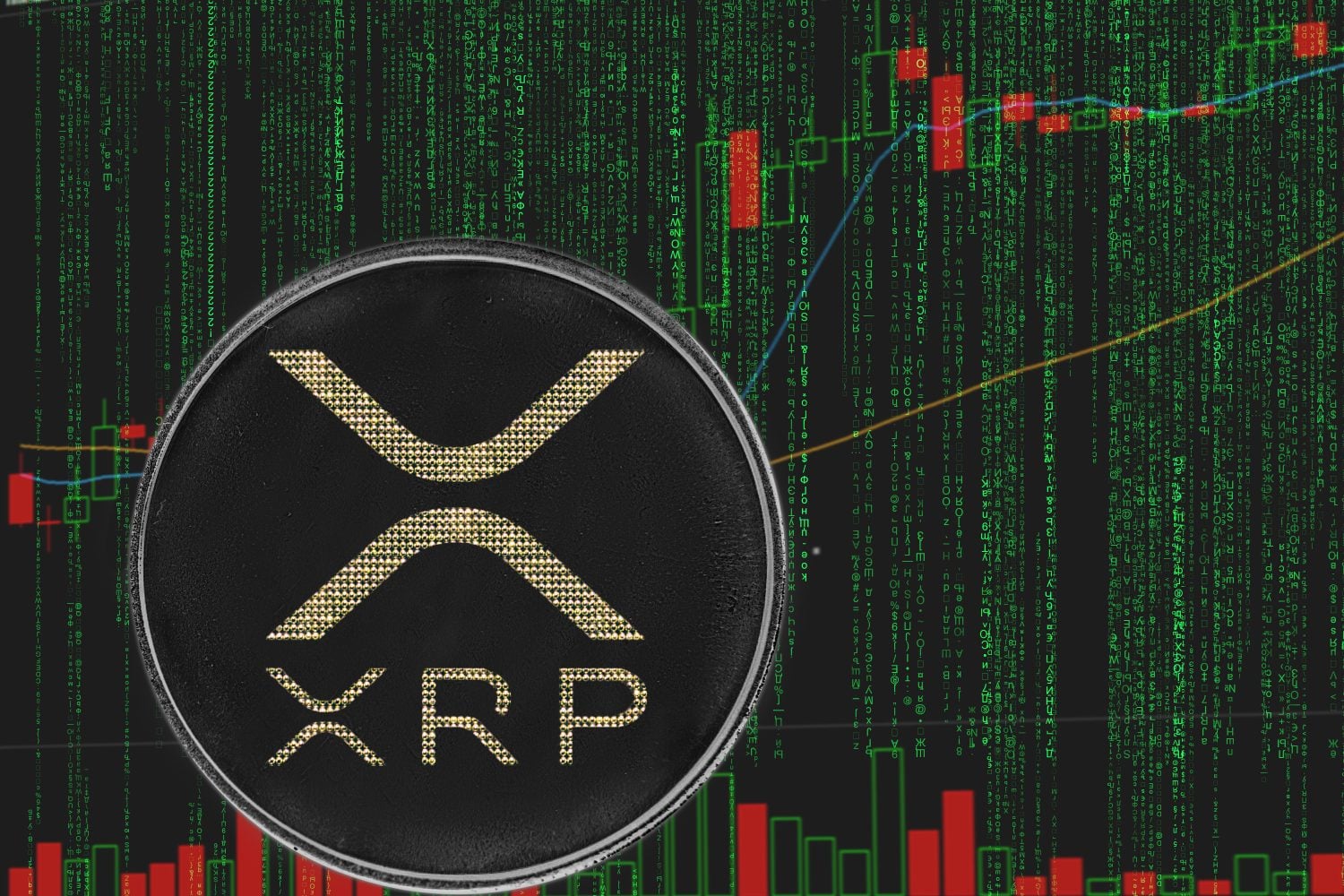 Coin ripple xrp cryptocurrency on the background of binary crypto matrix text and price chart.