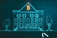 Bitcoin banking symbol. Concept of bitcoin mass adoption of hedge funds, pension funds, VC capital, financial institutions and banks. Government regulations
