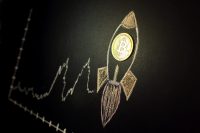 Bitcoin to the moon with rocket illustration. The growth of Cryptocurrency concept.