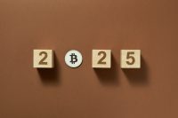 Numbers 2025 with bitcoin icon instead of 0 engraved on wooden blocks. 2025 bitcoin bull run, digital currency, new year. Flat lay