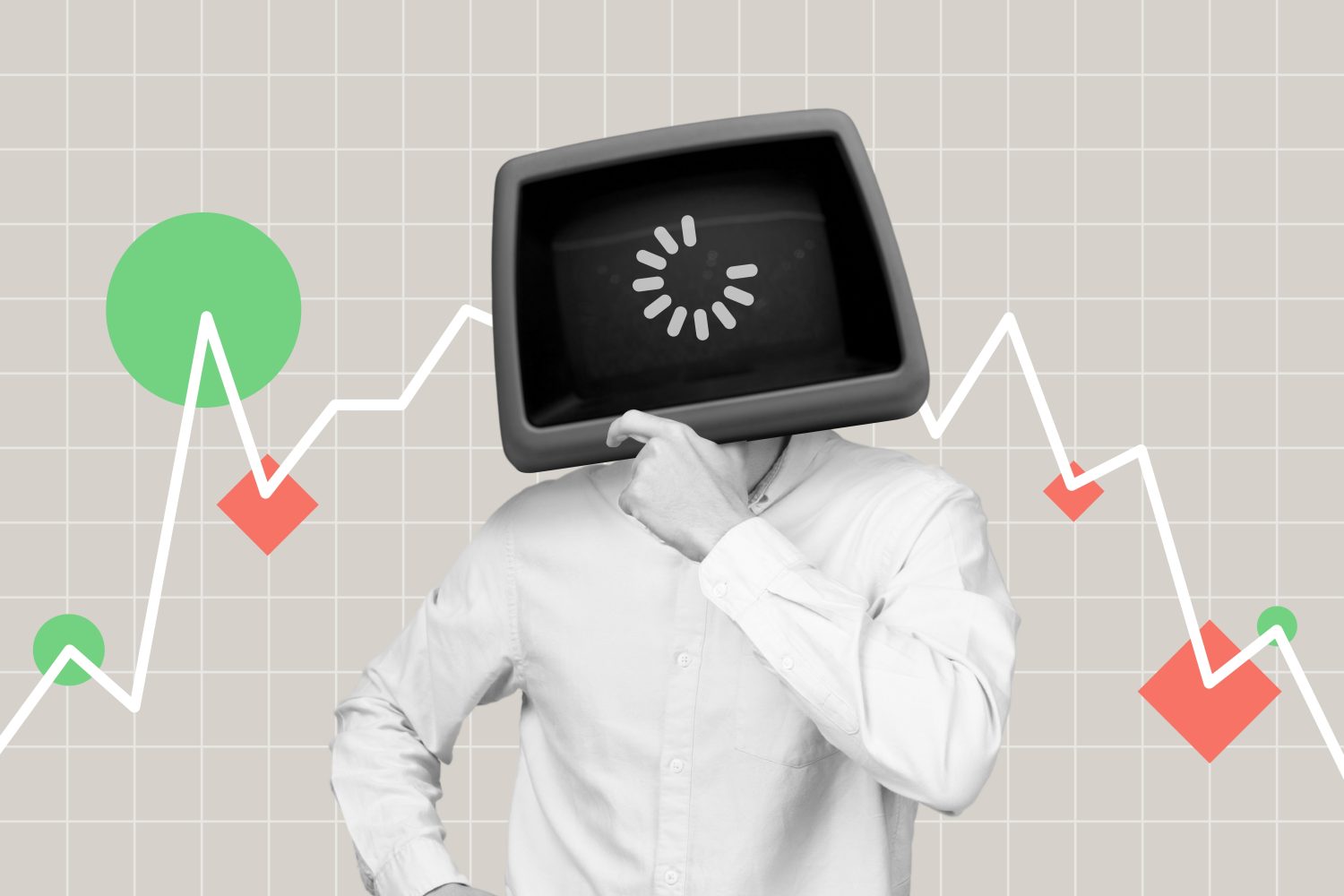 AI analyzing market trend visualized by person with retro monitor head and loading icon on screen. Stock price line chart movement analyzed with geometric symbol. Black and white digital collage.