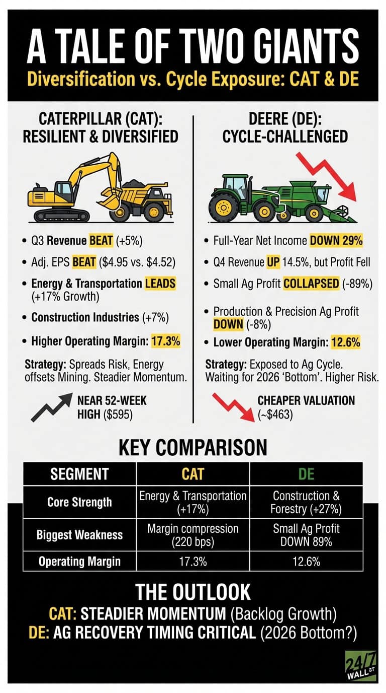 An infographic titled 'A Tale of Two Giants: Diversification vs. Cycle Exposure: CAT & DE' compares Caterpillar (CAT) and Deere (DE) performance. The left side, representing CAT, shows an excavator and dump truck, detailing Q3 revenue beat (+5%), Adj. EPS beat ($4.95 vs. $4.52), Energy & Transportation leading with +17% growth, Construction Industries +7%, and a higher operating margin of 17.3%. An upward arrow indicates a near 52-week high of $595. The right side, representing DE, shows a tractor and combine harvester with a downward red arrow, detailing full-year net income down 29%, Q4 revenue up 14.5% but profit fell, Small Ag profit collapsed -89%, Production & Precision Ag profit down -8%, and a lower operating margin of 12.6%. A downward arrow indicates a cheaper valuation (~$463). Below, a 'Key Comparison' table shows for CAT: Core Strength is Energy & Transportation (+17%), Biggest Weakness is Margin compression (220 bps), Operating Margin 17.3%. For DE: Core Strength is Construction & Forestry (+27%), Biggest Weakness is Small Ag Profit DOWN 89%, Operating Margin 12.6%. The 'Outlook' section states CAT has 'Steadier Momentum (Backlog Growth)' and for DE, 'Ag Recovery Timing Critical (2026 Bottom?)'.