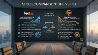 A wide shot of a modern conference room with a large screen displaying an infographic comparing FedEx (FDX) and UPS (UPS) stock strategies. The screen details FedEx's growth and network expansion strategy with positive revenue growth and a 2.0% dividend yield, contrasted with UPS's margin defense and cost discipline strategy showing negative revenue growth but a higher 6.42% dividend yield. A balance scale graphic in the center represents 'Strategic Divergence: Revenue vs. Margin' between the two companies. The room features a long wooden table and brown leather chairs, with a city skyline visible through large windows in the background.