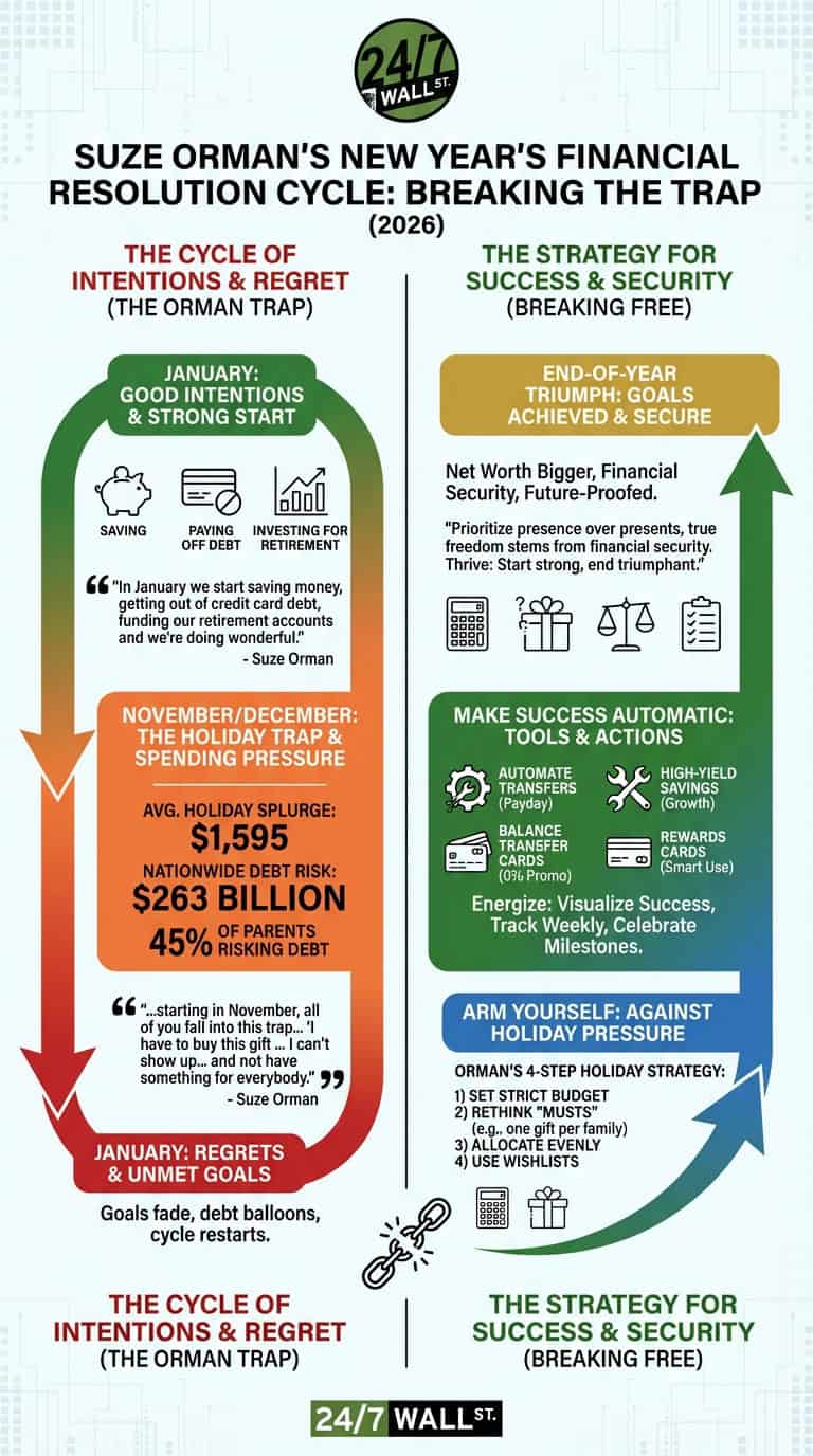 An infographic from 24/7 Wall St. titled 'Suze Orman's New Year's Financial Resolution Cycle: Breaking the Trap (2026).' It visually contrasts 'The Orman Trap' of good intentions, holiday spending pressure leading to debt and regret, with 'The Strategy for Success & Security' that includes financial automation, planning, and a 4-step holiday strategy to achieve financial goals.