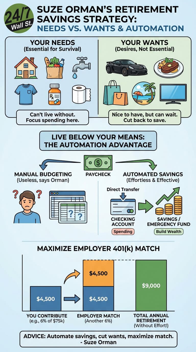 An infographic detailing Suze Orman's retirement savings strategy. It shows categories for 'Your Needs' (house, food, medicine) versus 'Your Wants' (sports car, vacation), then illustrates automated savings from a paycheck to a checking account and a savings/emergency fund, and finally, a bar chart explaining how employer 401(k) matching doubles retirement contributions.