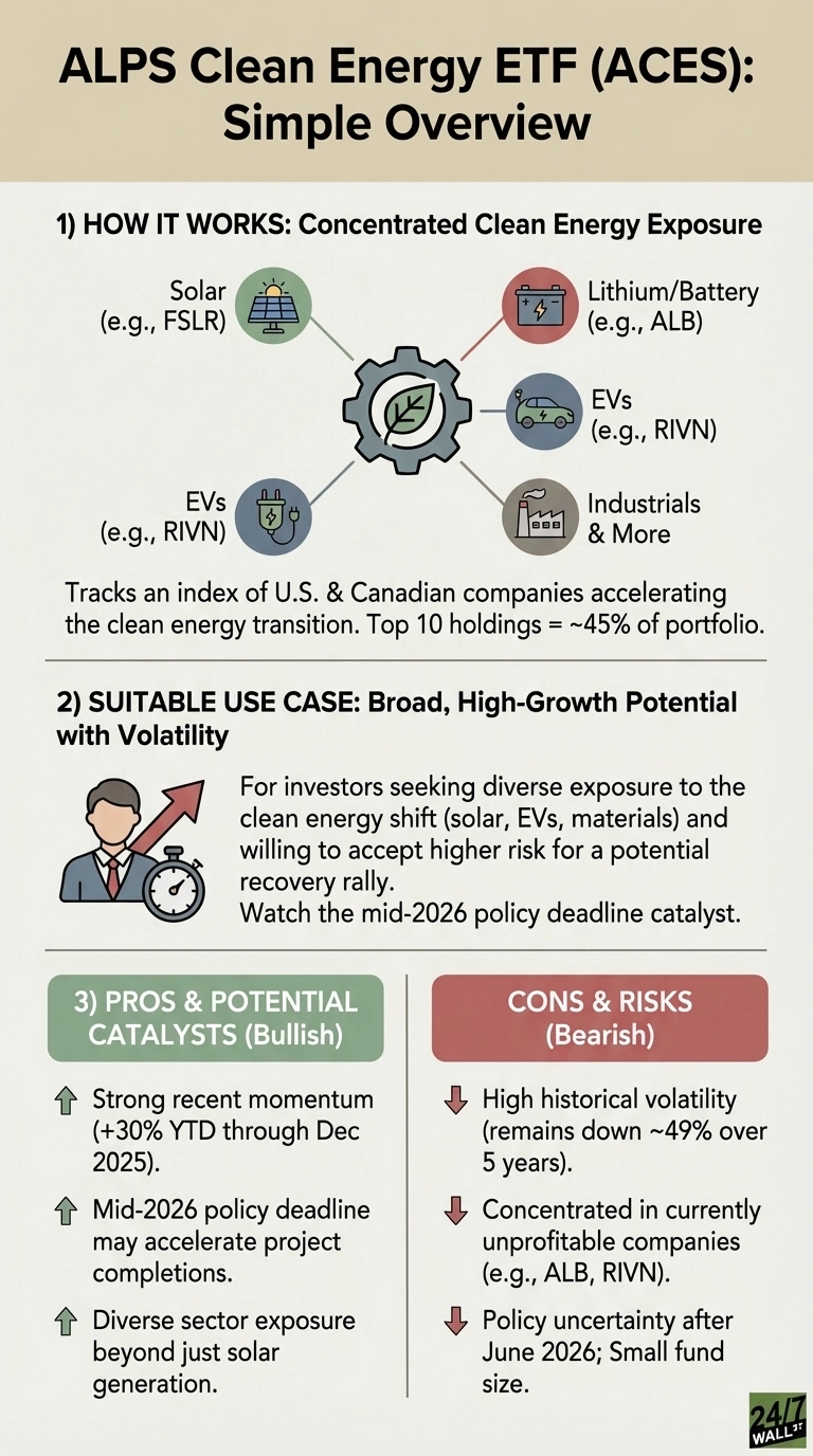 An infographic titled 'ALPS Clean Energy ETF (ACES): Simple Overview'. It details the ETF across three main sections. The first, 'How It Works,' illustrates concentrated exposure to clean energy sectors like Solar, Lithium/Battery, EVs, and Industrials, tracking US and Canadian companies. The second, 'Suitable Use Case,' describes it for investors seeking high-growth potential with volatility and notes a mid-2026 policy deadline. The third section presents a 'Pros & Potential Catalysts' list in a green box with bullet points: strong recent momentum (+30% YTD through Dec 2025), mid-2026 policy deadline, and diverse sector exposure. Adjacent is a 'Cons & Risks' list in a red box with bullet points: high historical volatility (down ~49% over 5 years), concentration in unprofitable companies, and policy uncertainty after June 2026. Icons and arrows visually support the points.