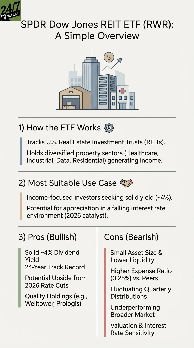 An infographic titled 'SPDR Dow Jones REIT ETF (RWR): A Simple Overview' from 24/7 Wall St. features an illustration of city buildings with a warehouse, office buildings, and a hospital, symbolizing various real estate sectors. A dollar sign with an upward arrow chart is next to the buildings. The infographic is divided into three sections: 1) How the ETF Works, detailing its tracking of U.S. REITs and diversified property sectors. 2) Most Suitable Use Case, describing it for income-focused investors seeking ~4% yield and potential appreciation with a 2026 catalyst. 3) Pros (Bullish) and Cons (Bearish), listed in two columns with green and red vertical bars respectively. Pros include solid ~4% dividend yield, 24-year track record, potential upside from 2026 rate cuts, and quality holdings. Cons include small asset size, lower liquidity, higher expense ratio (0.25%), fluctuating distributions, underperforming broader market, and valuation &amp; interest rate sensitivity.