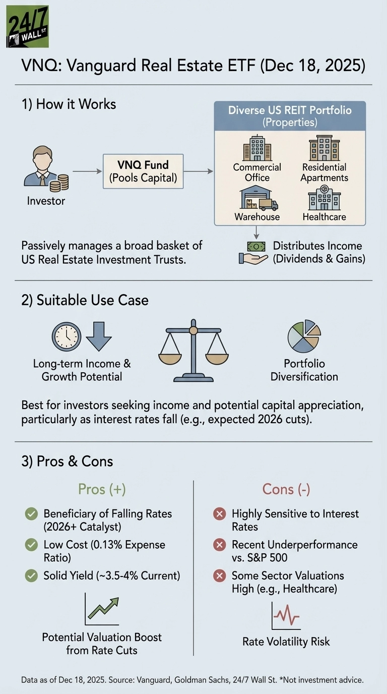 An infographic titled 'VNQ: Vanguard Real Estate ETF (Dec 18, 2025)' on a light blue background. It is divided into three sections. Section 1, 'How it Works,' shows an investor pooling capital into the 'VNQ Fund,' which then invests in a 'Diverse US REIT Portfolio' containing Commercial Office, Residential Apartments, Warehouse, and Healthcare properties, ultimately distributing income (dividends & gains) back to the investor. Text notes it 'Passively manages a broad basket of US Real Estate Investment Trusts.' Section 2, 'Suitable Use Case,' presents icons for long-term income and growth potential, balance, and portfolio diversification. Text states it's 'Best for investors seeking income and potential capital appreciation, particularly as interest rates fall (e.g., expected 2026 cuts).' Section 3, 'Pros & Cons,' lists pros with green checkmarks: 'Beneficiary of Falling Rates (2026+ Catalyst),' 'Low Cost (0.13% Expense Ratio),' 'Solid Yield (~3.5-4% Current),' and an upward-sloping line graph for 'Potential Valuation Boost from Rate Cuts.' Cons are marked with red 'x's: 'Highly Sensitive to Interest Rates,' 'Recent Underperformance vs. S&P 500,' 'Some Sector Valuations High (e.g., Healthcare),' and a jagged line graph for 'Rate Volatility Risk.' A footer indicates data as of Dec 18, 2025, and sources.