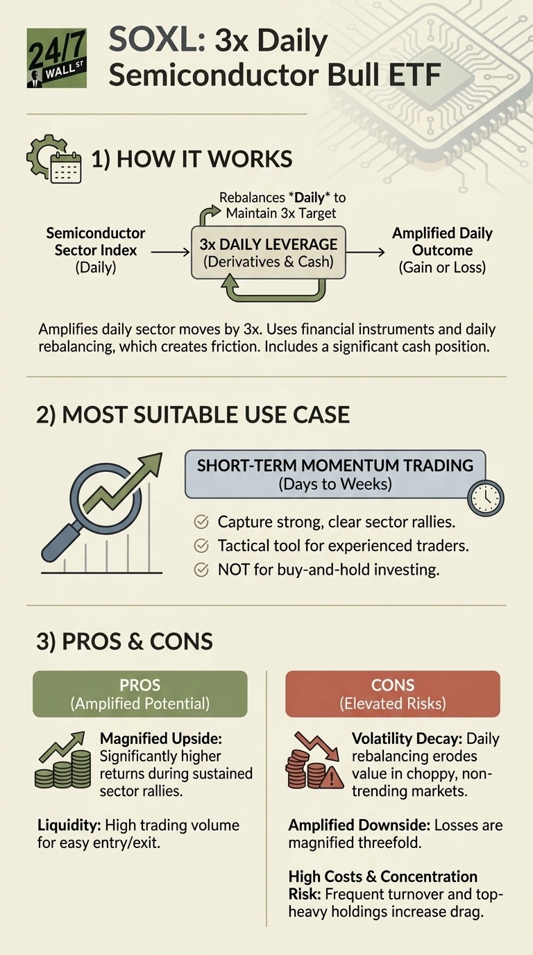 An infographic titled 'SOXL: 3x Daily Semiconductor Bull ETF'. It is divided into three sections. Section 1, 'HOW IT WORKS', shows a flow diagram: 'Semiconductor Sector Index (Daily)' leads to '3x DAILY LEVERAGE (Derivatives & Cash)', which leads to 'Amplified Daily Outcome (Gain or Loss)'. An arrow from '3x DAILY LEVERAGE' loops back, indicating 'Rebalances *Daily* to Maintain 3x Target'. Text explains it amplifies daily sector moves by 3x, uses financial instruments and daily rebalancing, creating friction and includes a significant cash position. Section 2, 'MOST SUITABLE USE CASE', features a magnifying glass icon over a rising chart. A box states 'SHORT-TERM MOMENTUM TRADING (Days to Weeks)' with three bullet points: 'Capture strong, clear sector rallies.', 'Tactical tool for experienced traders.', and 'NOT for buy-and-hold investing.' Section 3, 'PROS & CONS', is split into two columns. The 'PROS (Amplified Potential)' column, in green, lists 'Magnified Upside' (icon of rising arrow and coins) and 'Liquidity'. The 'CONS (Elevated Risks)' column, in red, lists 'Volatility Decay' (icon of falling arrow, coins, and warning sign), 'Amplified Downside', and 'High Costs & Concentration Risk'. The background has a faint circuit board design.