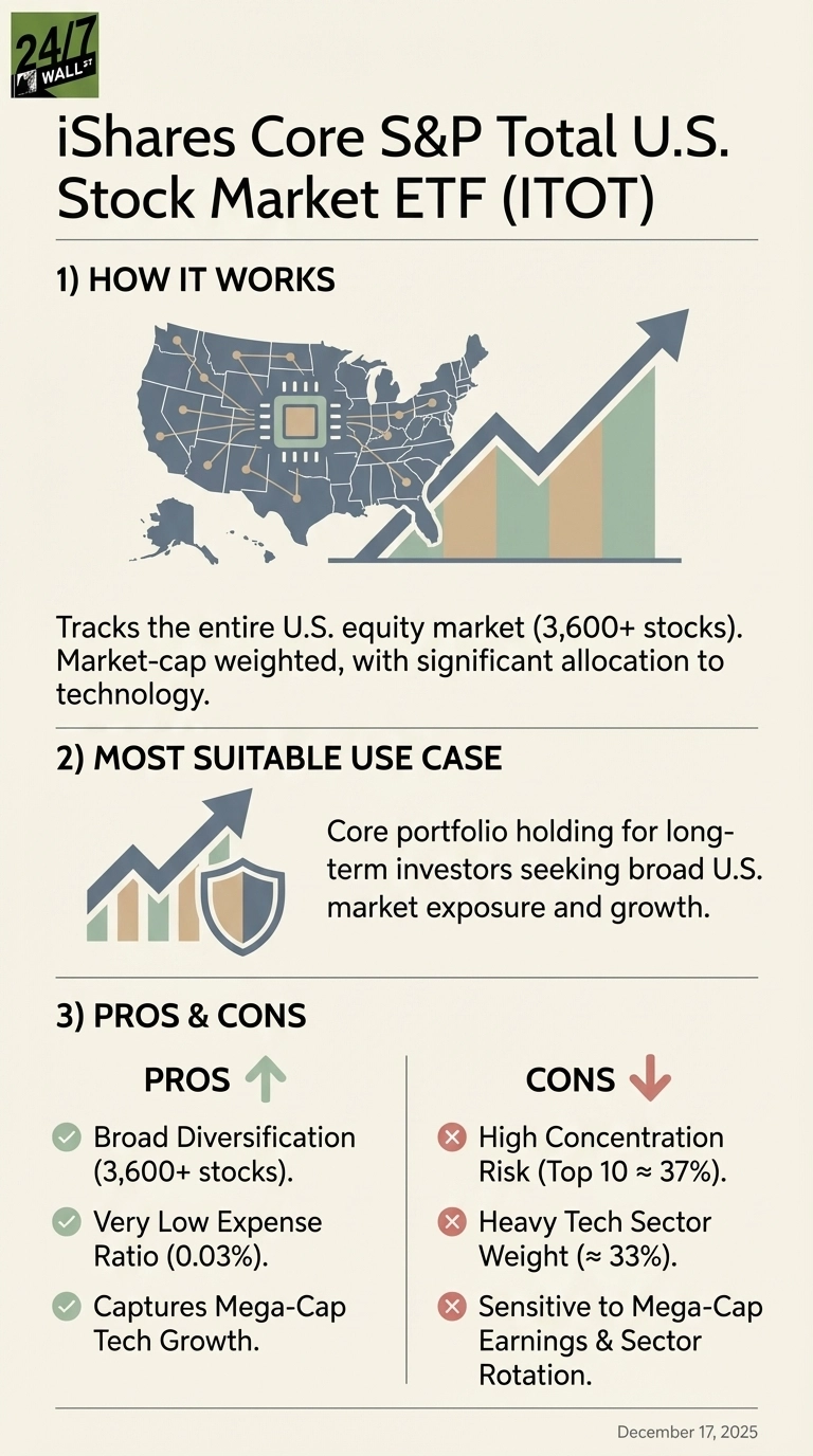 An infographic titled 'iShares Core S&P Total U.S. Stock Market ETF (ITOT)' on a light beige background. Section 1, 'How It Works,' features a stylized map of the contiguous U.S. with Alaska and Hawaii, showing a central microchip connected by lines to states, alongside a rising stock market arrow. Text states it tracks 3,600+ U.S. stocks, is market-cap weighted, and has significant allocation to technology. Section 2, 'Most Suitable Use Case,' shows a rising arrow and shield icon, describing ITOT as a core portfolio holding for long-term investors seeking broad U.S. market exposure and growth. Section 3, 'Pros & Cons,' is divided into two columns. Pros, marked with green checkmarks and an upward arrow icon, include broad diversification (3,600+ stocks), very low expense ratio (0.03%), and capturing mega-cap tech growth. Cons, marked with red 'x's and a downward arrow icon, list high concentration risk (Top 10 ≈ 37%), heavy tech sector weight (≈ 33%), and sensitivity to mega-cap earnings & sector rotation. The infographic is dated December 17, 2025.