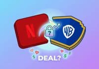 An illustration showing a red rectangle with the Netflix 'N' logo on the left and a blue and gold shield with the Warner Bros. 'WB' logo on the right. Both shapes have jagged edges suggesting they are part of a larger, broken piece. In the center gap, there's a light blue padlock with a white question mark, and an upward-curving arrow with a rising stock graph line. Below the shapes, glowing pink hearts and green dollar signs float around the text 'DEAL?' in white.