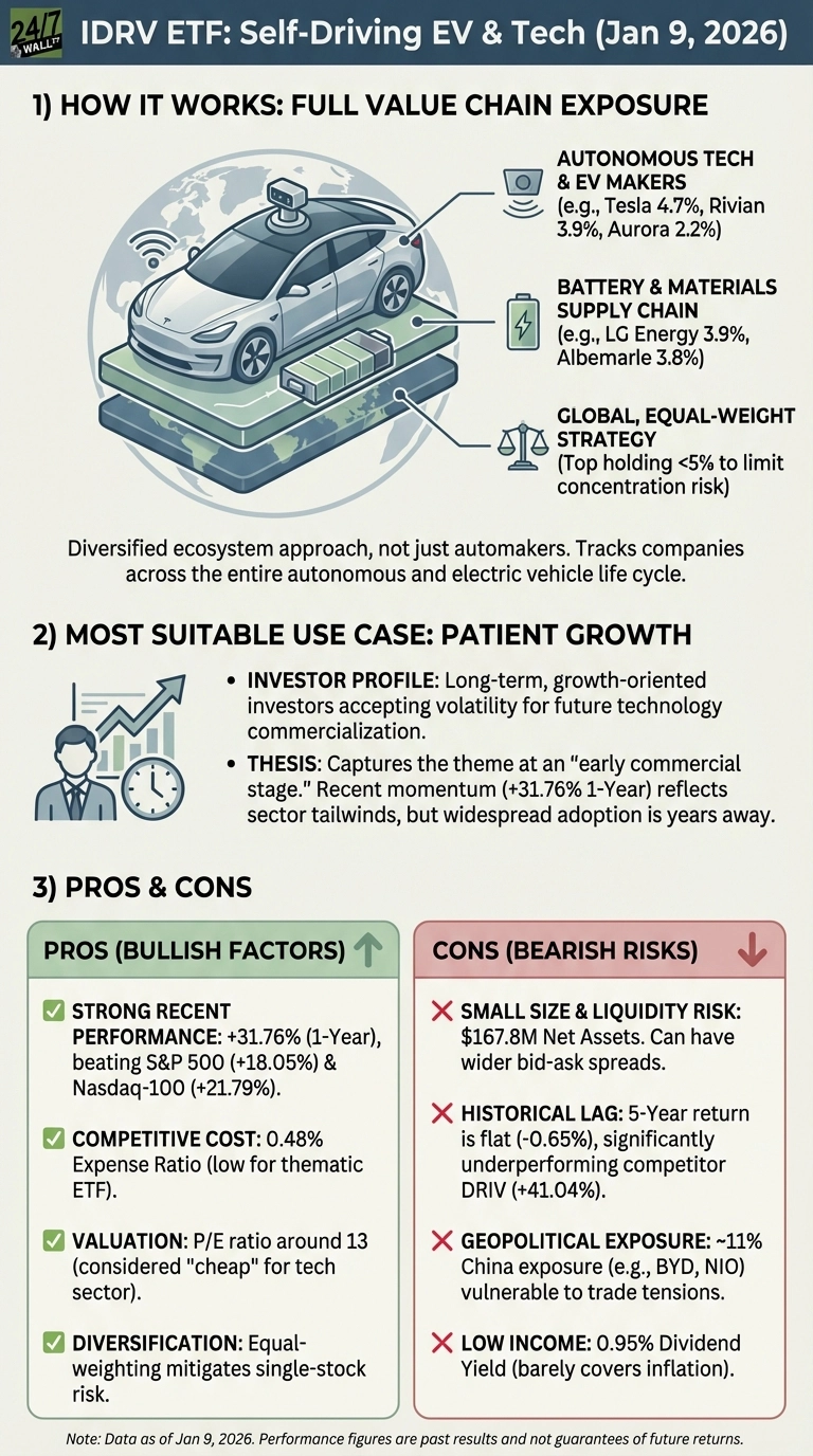 An infographic titled 'IDRV ETF: Self-Driving EV & Tech (Jan 9, 2026)'. It is divided into three main sections. Section 1, 'HOW IT WORKS: FULL VALUE CHAIN EXPOSURE', features an illustration of a self-driving car on a global map, with callouts to 'AUTONOMOUS TECH & EV MAKERS' (e.g., Tesla, Rivian, Aurora), 'BATTERY & MATERIALS SUPPLY CHAIN' (e.g., LG Energy, Albemarle), and 'GLOBAL, EQUAL-WEIGHT STRATEGY' (top holding <5% to limit concentration risk). Descriptive text states it's a diversified ecosystem approach across the entire autonomous and electric vehicle life cycle. Section 2, 'MOST SUITABLE USE CASE: PATIENT GROWTH', shows icons of a person, a rising bar chart, and a clock, with bullet points describing an 'INVESTOR PROFILE' as long-term, growth-oriented investors accepting volatility, and a 'THESIS' capturing an early commercial stage with recent momentum (+31.76% 1-Year) but years away from widespread adoption. Section 3, 'PROS & CONS', is presented in two boxes. The green 'PROS (BULLISH FACTORS)' box lists: Strong Recent Performance (+31.76% 1-Year, beating S&P 500 and Nasdaq-100), Competitive Cost (0.48% Expense Ratio), Valuation (P/E ratio around 13), and Diversification (Equal-weighting). The red 'CONS (BEARISH RISKS)' box lists: Small Size & Liquidity Risk ($167.8M Net Assets), Historical Lag (5-Year return -0.65%, underperforming competitor DRIV), Geopolitical Exposure (~11% China exposure), and Low Income (0.95% Dividend Yield). A note at the bottom specifies data as of Jan 9, 2026, and clarifies that performance figures are past results and not guarantees of future returns.