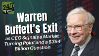 A promotional graphic featuring a smiling Warren Buffett on the right. On the left, large white and italicized text reads 'Warren Buffett's Exit as CEO Signals a Market Turning Point and a $354 Billion Question.' The background is a dark, blurry overlay of stock market charts with numbers and financial indicators. A '24/7 WALL ST' logo is in the top-left corner.