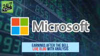 A graphic featuring the Microsoft logo, consisting of four colored squares (red, green, blue, yellow) and the word 'Microsoft' in grey, centered on a dark green and blue digital background that resembles stock market data. In the top left corner is the '24/7 WALL ST' logo. A light blue banner at the bottom reads 'EARNINGS AFTER THE BELL LIVE BLOG WITH ANALYSIS', with 'LIVE BLOG' highlighted in red.